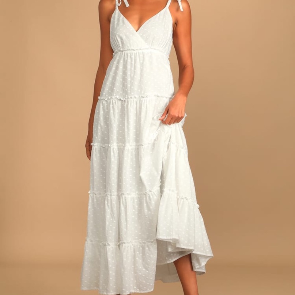 White Dotted Tie-Strap Tiered Maxi Dress